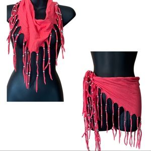 BEADED SCARF / WRAP CORALISH COLOR WITH SILVER BEADS
